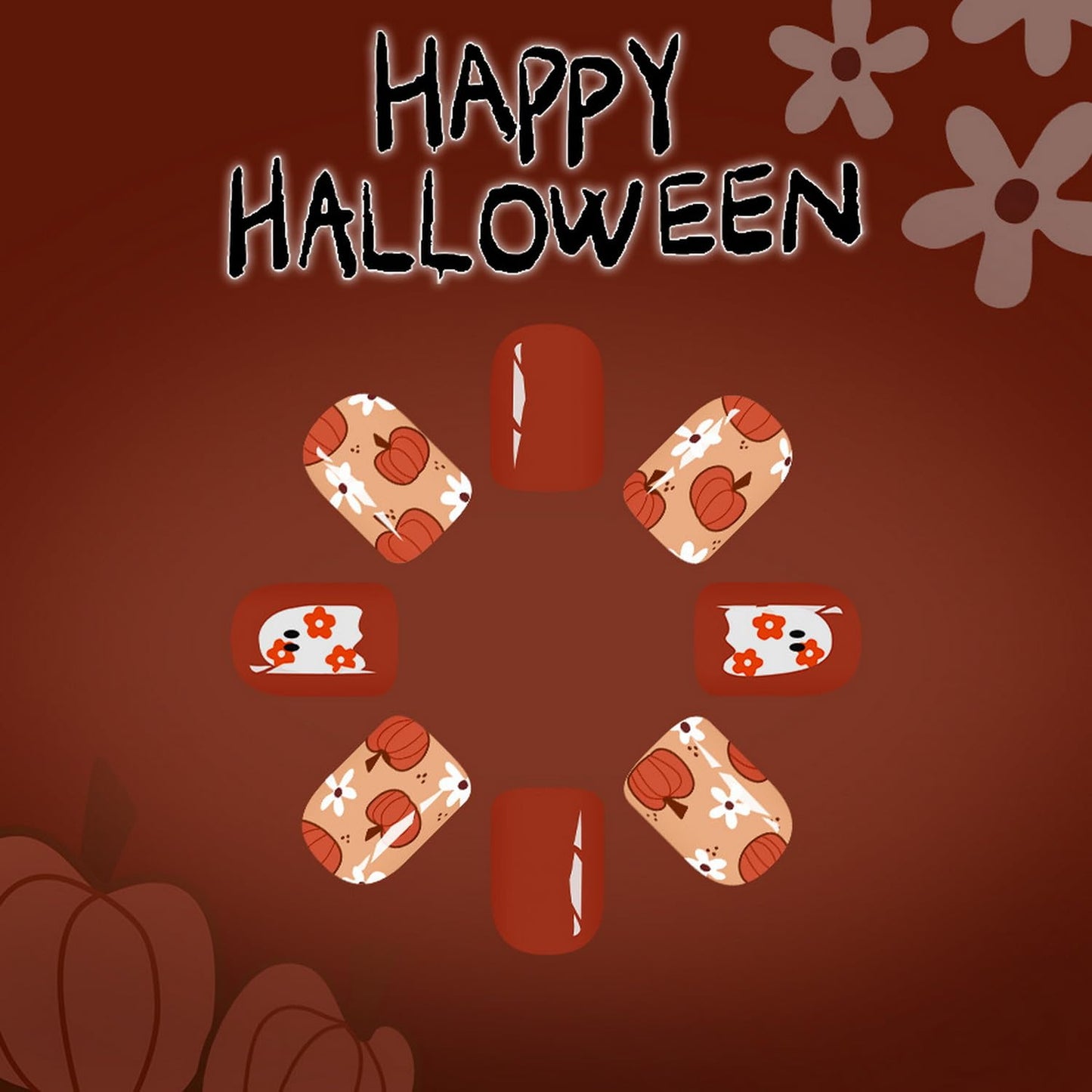 Short Halloween Press on Nails Square Fake Nails with Pumpkin Flower Ghost designs Stick on Nails Glossy Full Cover Fall False Nails Orange Glue on Nails for Women Cute Nail Decorations24pcs