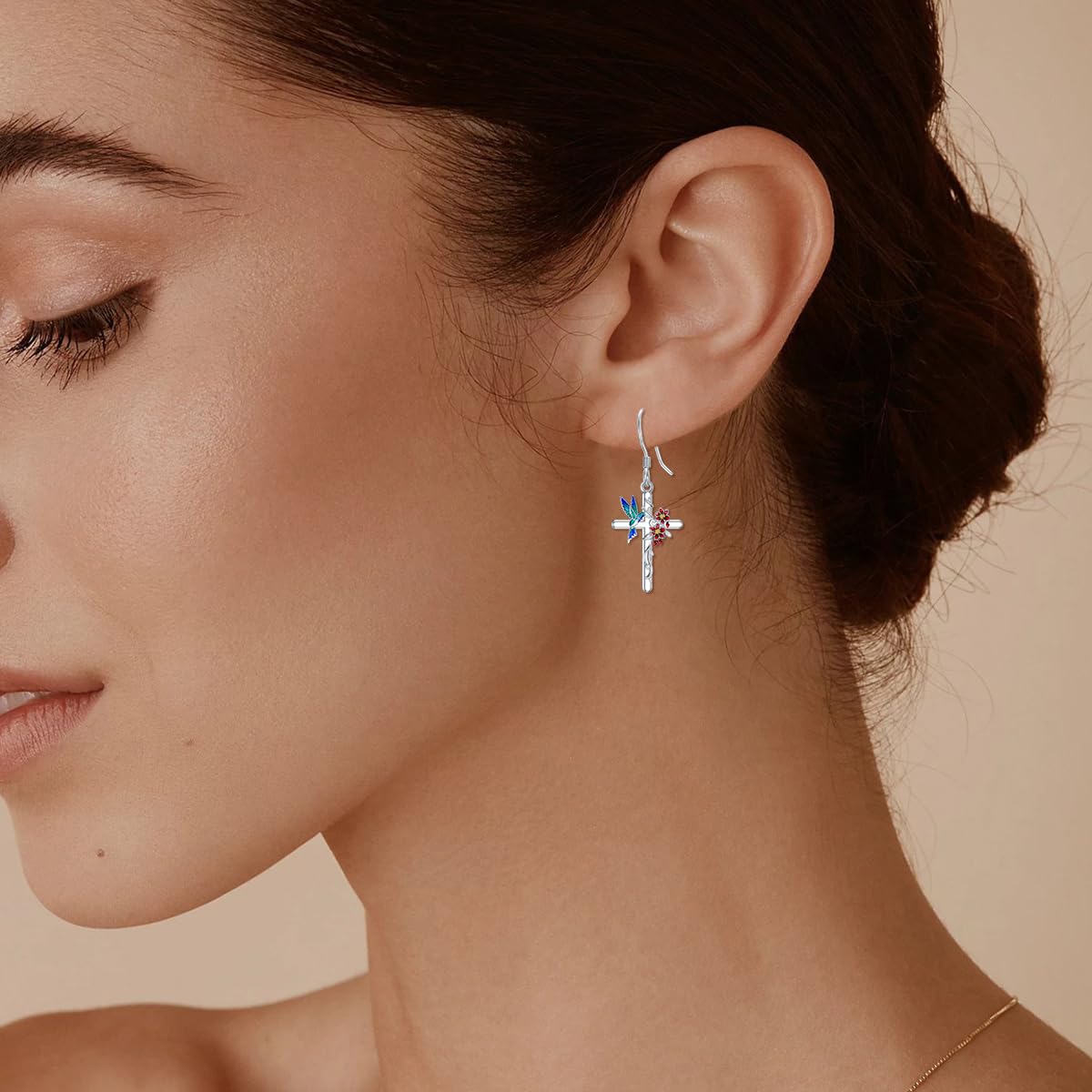 LONAGO Hummingbird Earrings for Women Sterling Silver Hummingbirds Cross Dangle Earring Jewelry Gift for Women