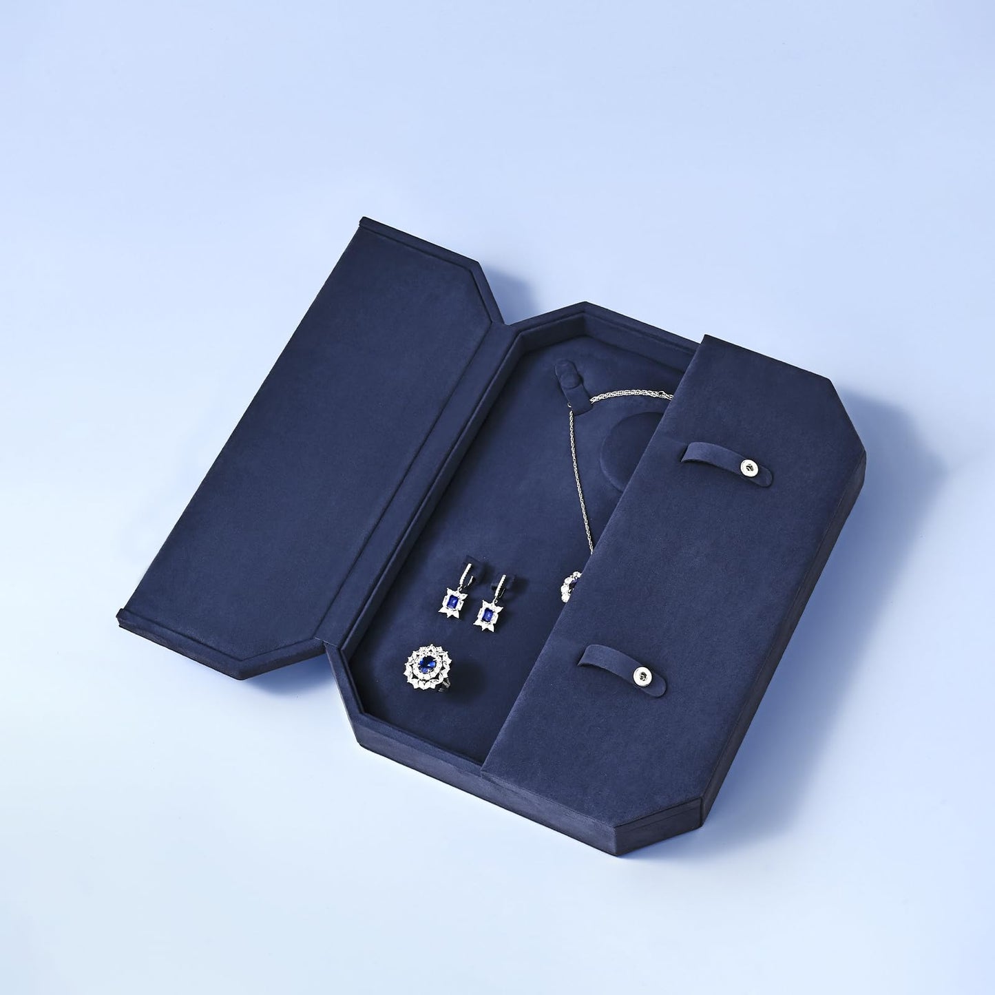 Oirlv Navy Blue Velvet Jewelry Set Storage Box, Luxury Organizer for Necklaces, Bracelets, Rings & Earrings, Elegant Gift Case