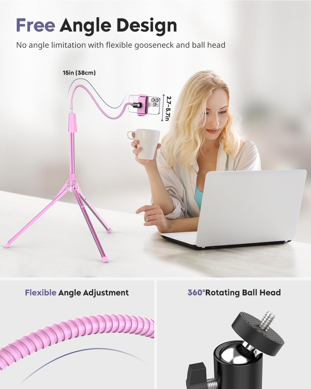 Aureday Phone Tripod, 92" Cell Phone Stand with 15" Gooseneck, Remote and Phone Holder, Overhead & Selfie Stick for Recording/Watching/Vlog, Compatible with iPhone Android, Pink