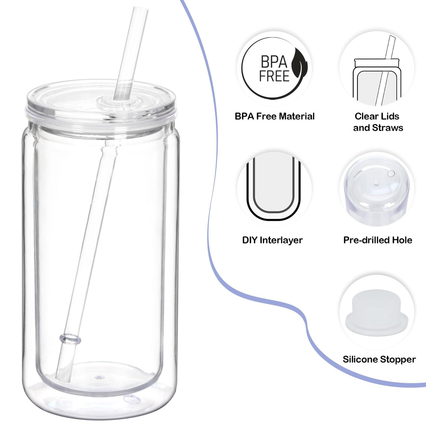 Tswofia 8 Pack Snow Globe Tumbler, 16 Oz Double Wall Plastic Can with Lid and Straw, Mason Jar Mug for Snow Globe Glitter DIY Gift (Clear)