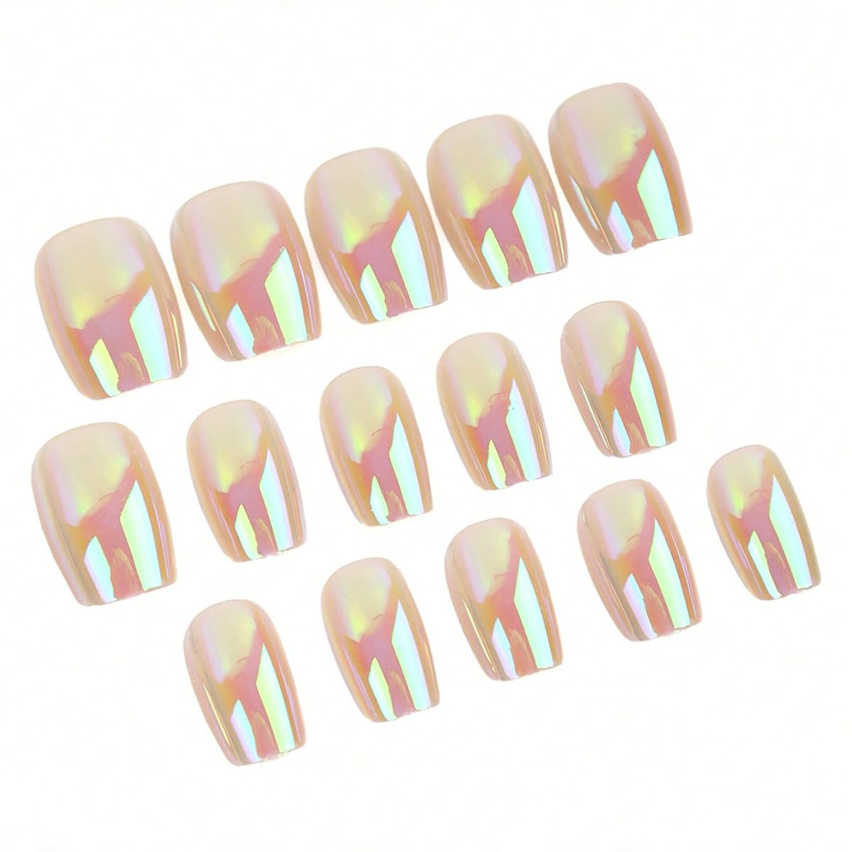 Chrome Press on Nails Short Square Fake Nails Glossy False Nails Aurora Acrylic Nails Reusable Full Cover Stick on Nails for Women Manicure