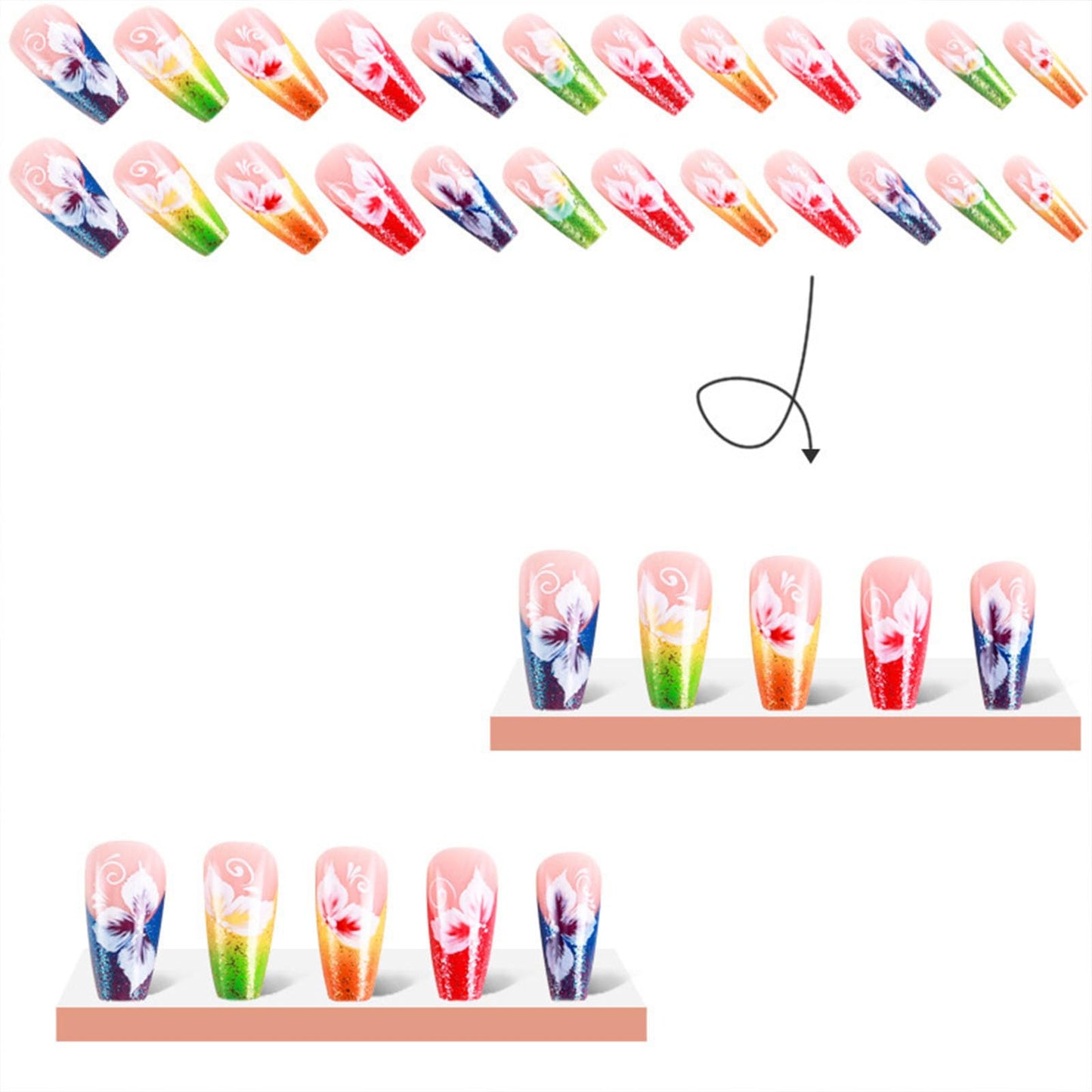 TUZANDW Coffin Press-on Nails with Glue - Flower Designs, Medium Length, Candy Colors, Glitter French Acrylic, Pink, Full Cover False Nails - 24 Pcs