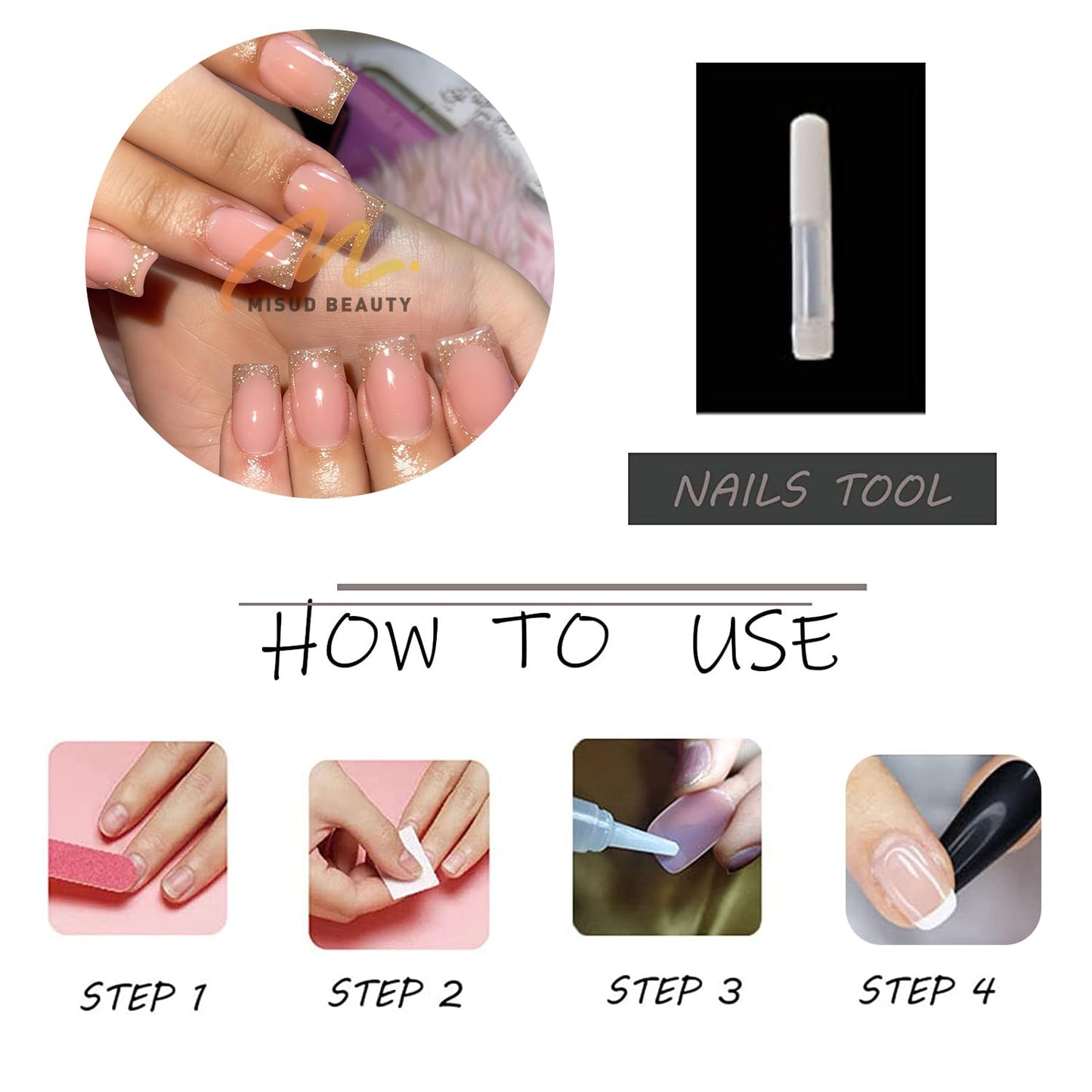 MISUD Press on Nails - Short Square Fake Nails with Bling Gold Glitter, Acrylic French Tip Design 24 pcs