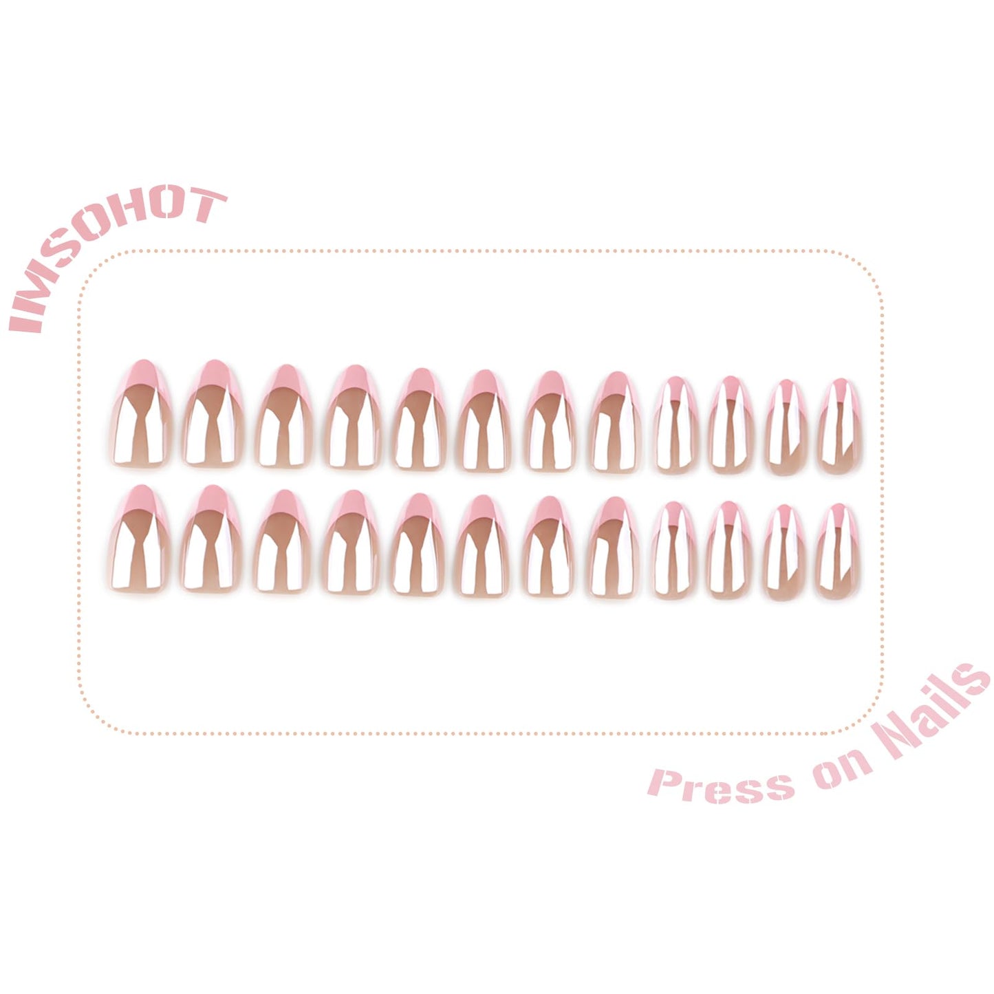 IMSOHOT Chrome Press on Nails Medium Almond Fake Nails Acrylic Pink French Tips False Nails Full Cover Glossy Nude Glue on Nails for Women 24Pcs