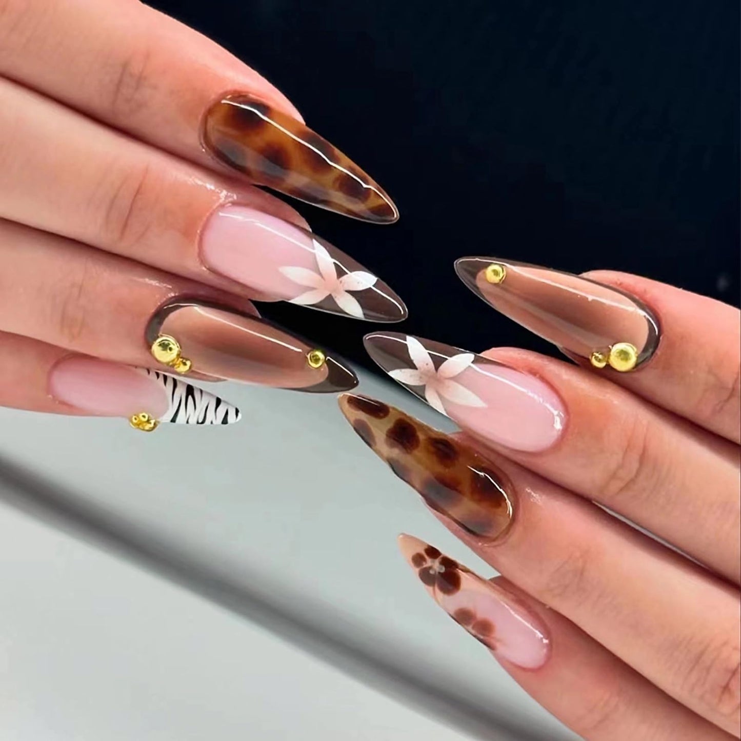 MERVF Almond Press on Nails Long Fall Fake Nails Brown French Tip Glue ons Flower Stiletto Acrylic False Nail Aura with Zebra Print Design Glossy 24pcs