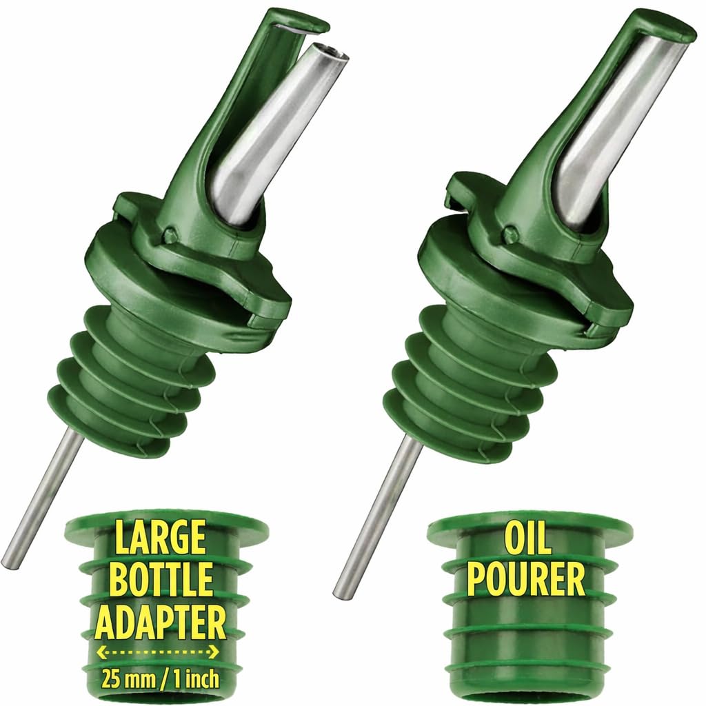 AIRTIGHT Olive Oil Pour Spout for Olive Oil Dispenser - UK Patented Oil Pourer - Hygienic One Handed Open Close Mechanism Keeps Oil Fresh. Dust Caps Cover | Screens Alternative - Green 2 PCs