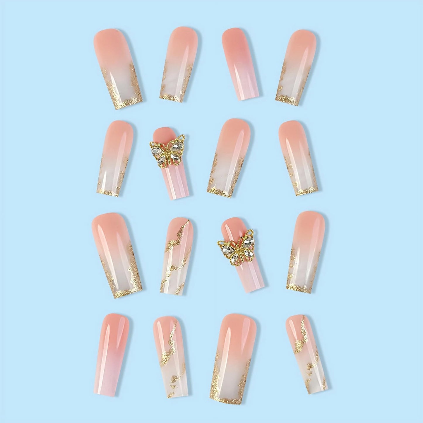 MISUD Press on Nails - Long Square Glue on Nails with Ombre, Acrylic Gold Butterfly Design 24 pcs