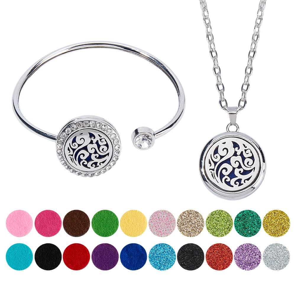 Hobbspring 2Pcs Aromatherapy Essential Oil Diffuser Necklace Tree of Life and Cloud Cuff Bangle Alloy Rhinestone Diffuser Bangles and Necklace with 20Pcs Refill Pads for Women