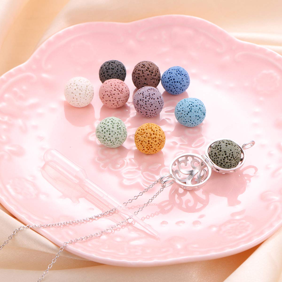 DAOCHONG Tree of Life Aromatherapy Necklace, S925 Sterling Silver Ball Shape Essential Oils Diffuser Locket Pendant Necklace 18+2 inches Rolo Chain with 10 PCS Stones