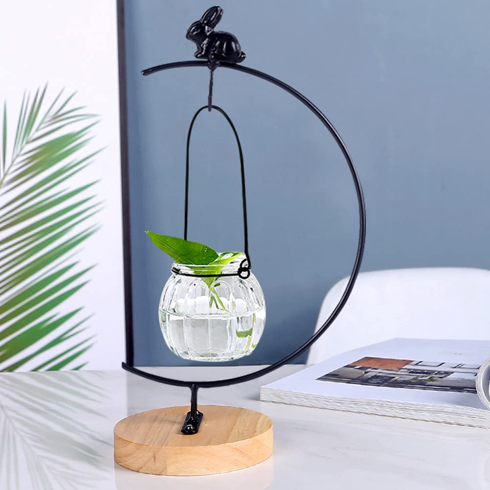 YY YEARCHY Rustic Ornament Display Stand with Rabbit Decoration Air Plants Holder Terrariums Hanging Planter Stand Iron Wire Hanging Pot Hook for Home Decor Ornaments Glass Globe Witch Ball