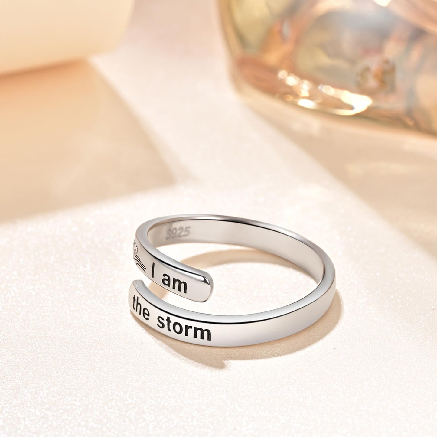 925 Sterling Silver Inspirational Jewelry Adjustable Wrap Open Ring Encouragement Gift for Women(I am the storm 3)