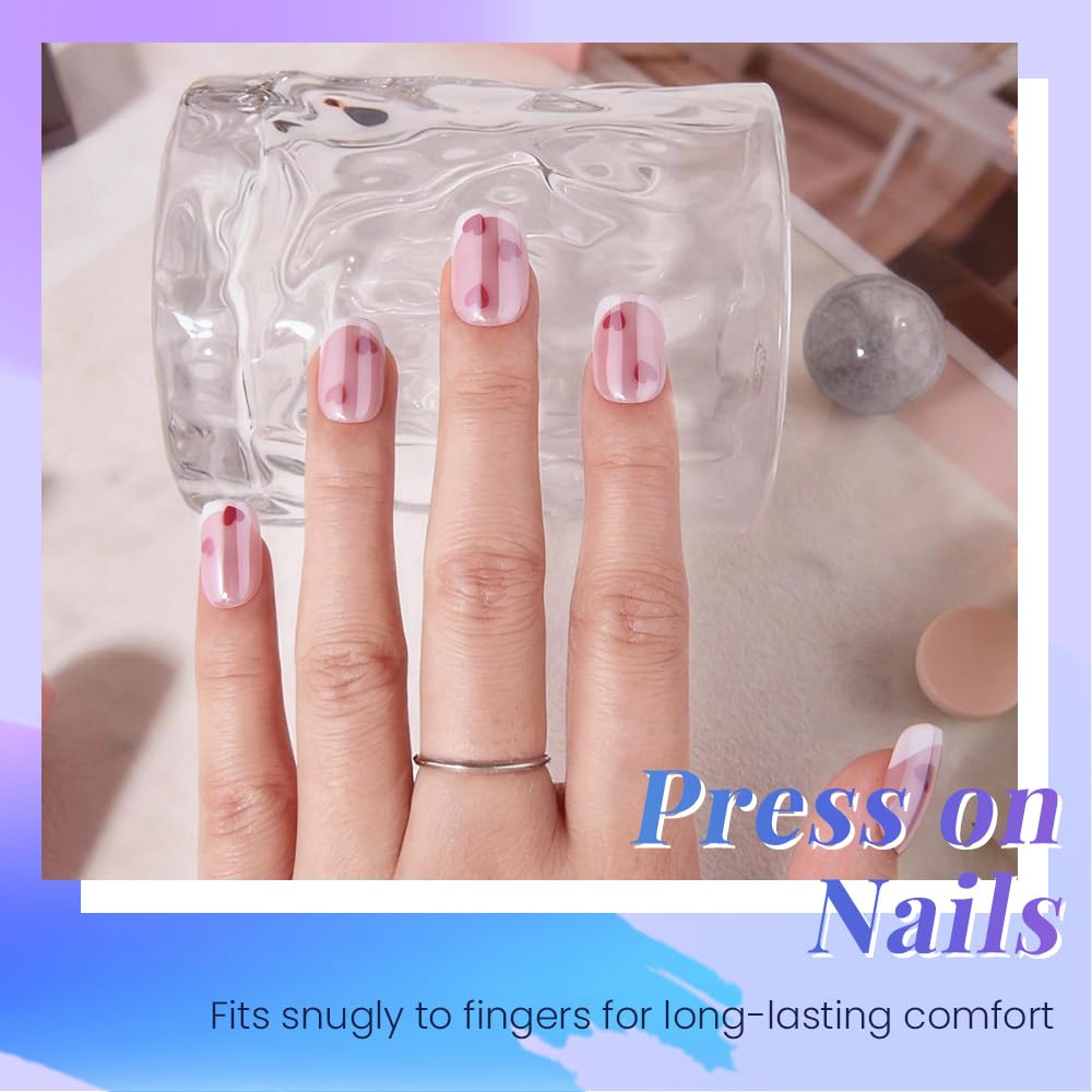 evpct French Tip Press On Nails Short Square, Pink + White Tips & Heart, Chrome Glazed Glossy Short Square Fake False Press on Nails, Reusable Gel Stick on nail Press ons with Nail Kit Salon Quality