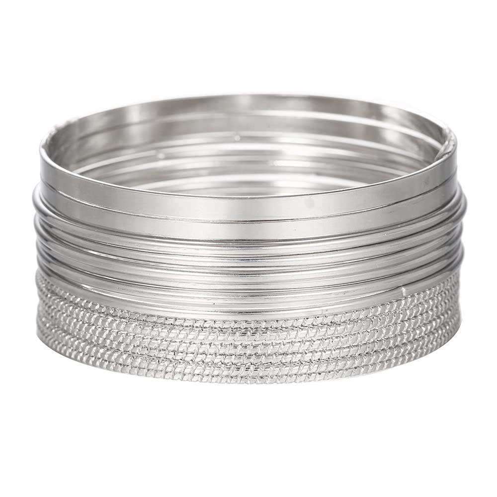 RINTOLER 14Pcs Silver Bangle Bracelets Set for Women - Multi Layer Stackable Textured Bracelets Boho Jewelrys for Women.