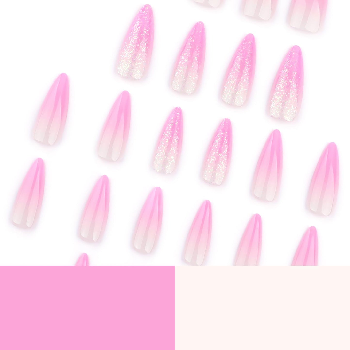 MISUD Press on Nails - Long Stiletto Glue on Nails with Pink Ombre, Acrylic Bling Glitter Design 24 pcs