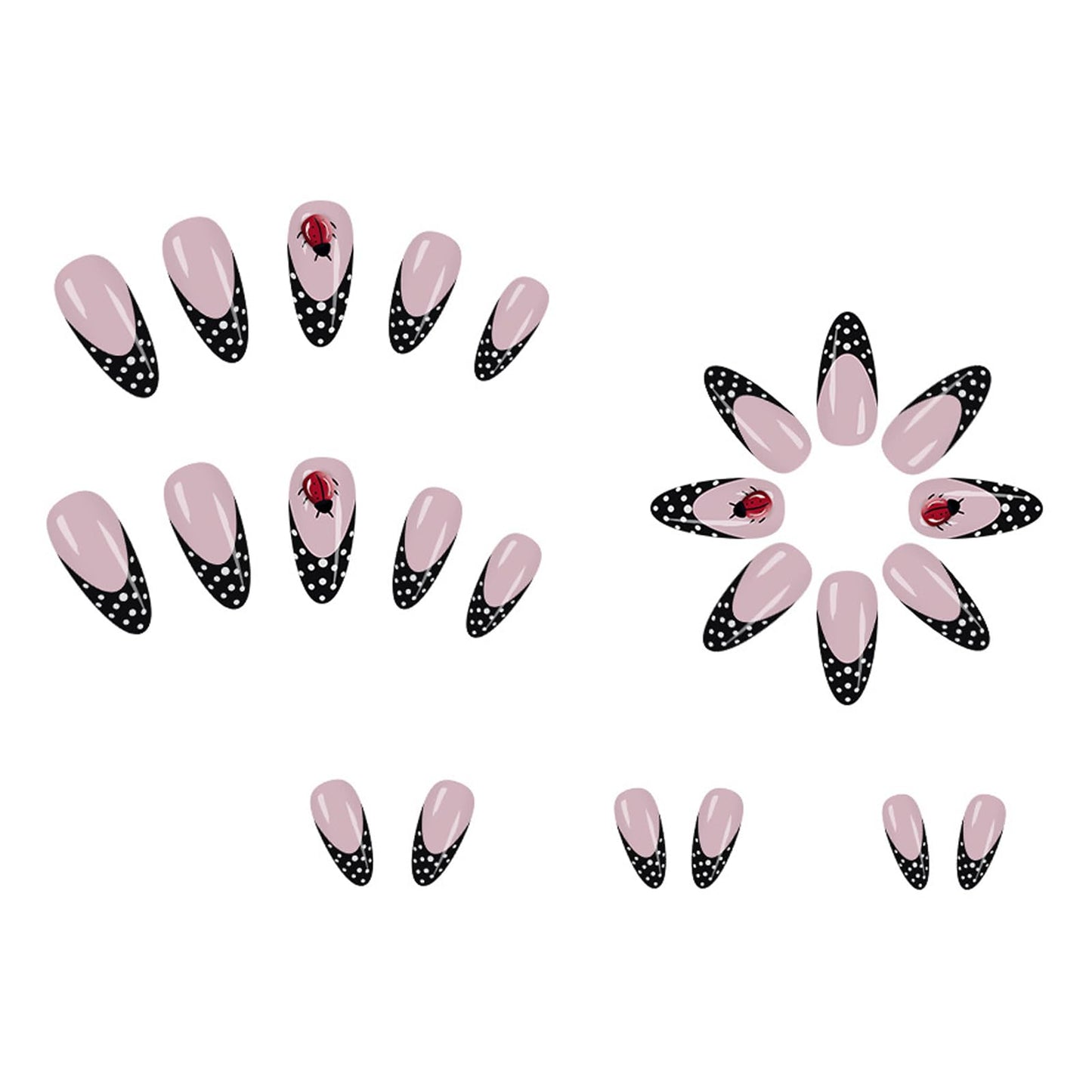 IMRAIN Press on Nails Almond - Medium Black French Tip Fake Nails with Polka Dot & Ladybug Designs, Glossy Full Cover False Nails, 24Pcs Nail Kit for Women Manicure