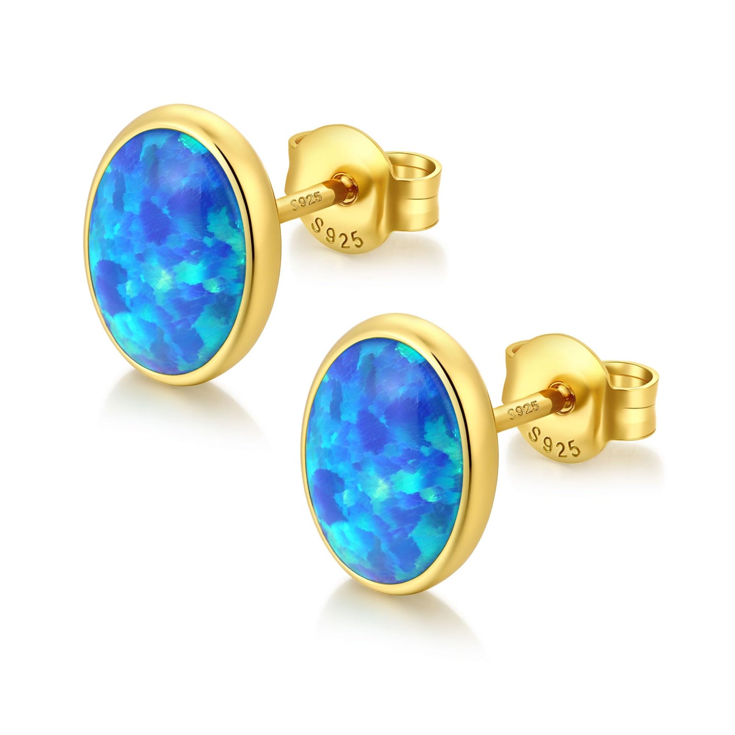 JiayangJY Silver Blue Fire Opal Stud Earrings for Women 18K Yellow Gold Plated Sterling Silver Oval Shape 7mm Opal Earrings with Push Back