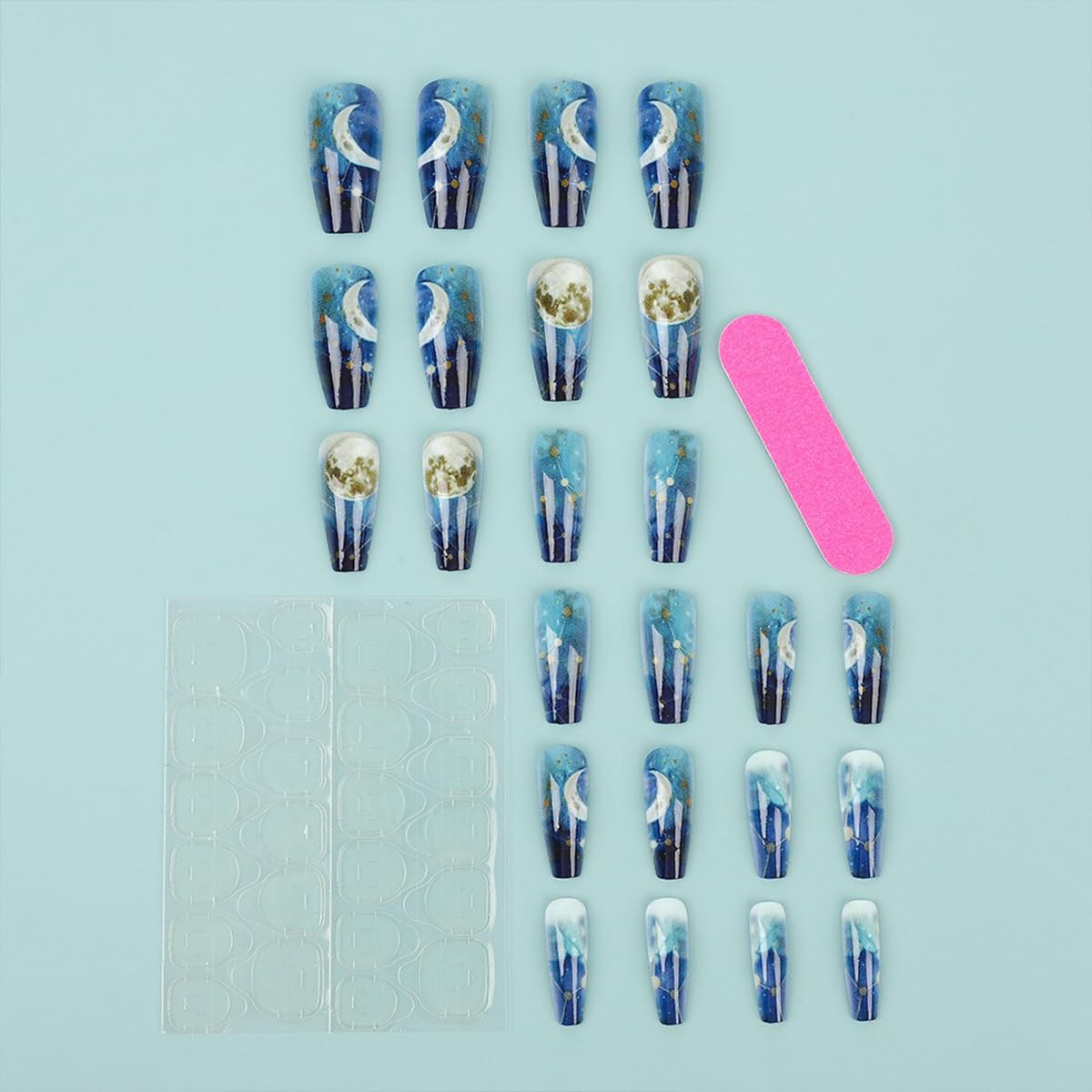 Coffin Press on Nails Medium False Nails Blue Gradient Fake Nails with Night Sky Designs Cute French Tip Acrylic Nails Reusable Glue on Nails Glossy Full Cover Stick on Nails for Women Girls 24Pcs