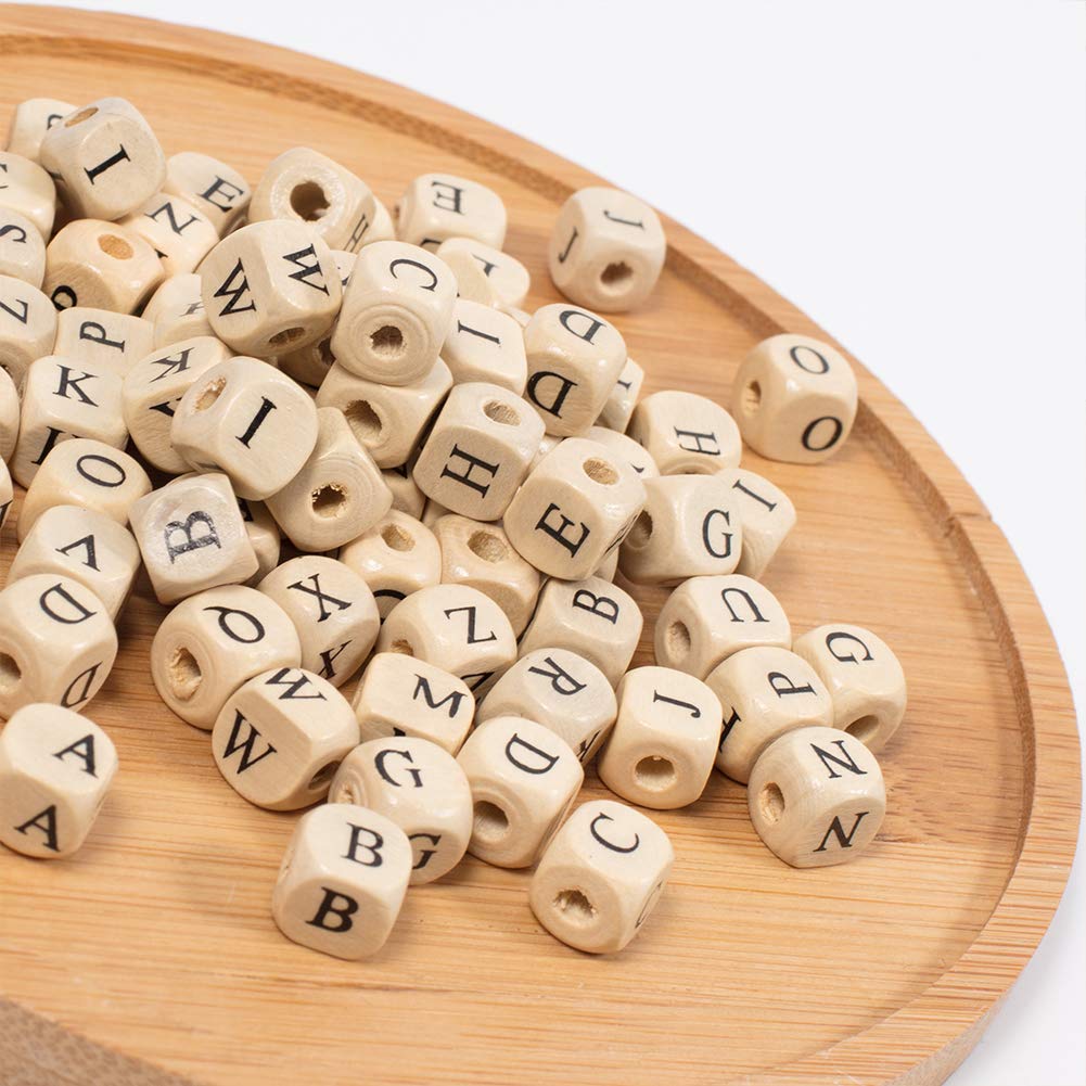 PH PandaHall 1060pcs 10mm Alphabet Wooden Beads Random Natural Square Wooden Beads 3~4mm Hole Wood Loose Bead with Initial Letter Cube Bead for Jewelry Making and DIY Projects