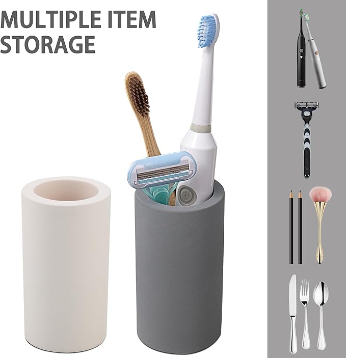 Diatomite Toothbrush Holder for Bathroom Sink, Countertop Organizer, Quick Dry Stand Cup for Toothpaste, Razors, Makeup Brushes - Water-Absorbent & Quick-Drying (Beige, Height 4.3")