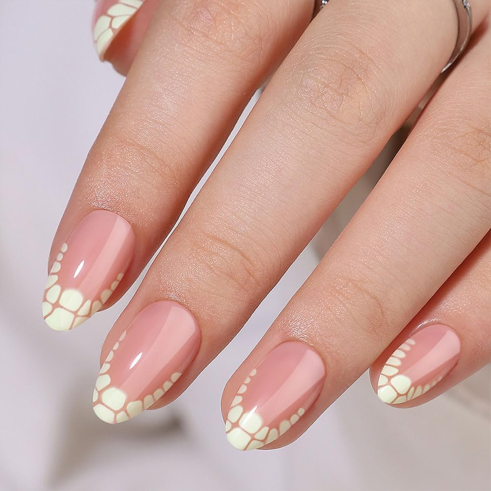 WAFOLOZE French Tip Press On Nails - White Crackle Almond Press On Nails Short Fake Nails with Nail Glue, Artificial Nails 16 Sizes - 32Pcs False Nails Tips Kit,Stick On Nails for Women