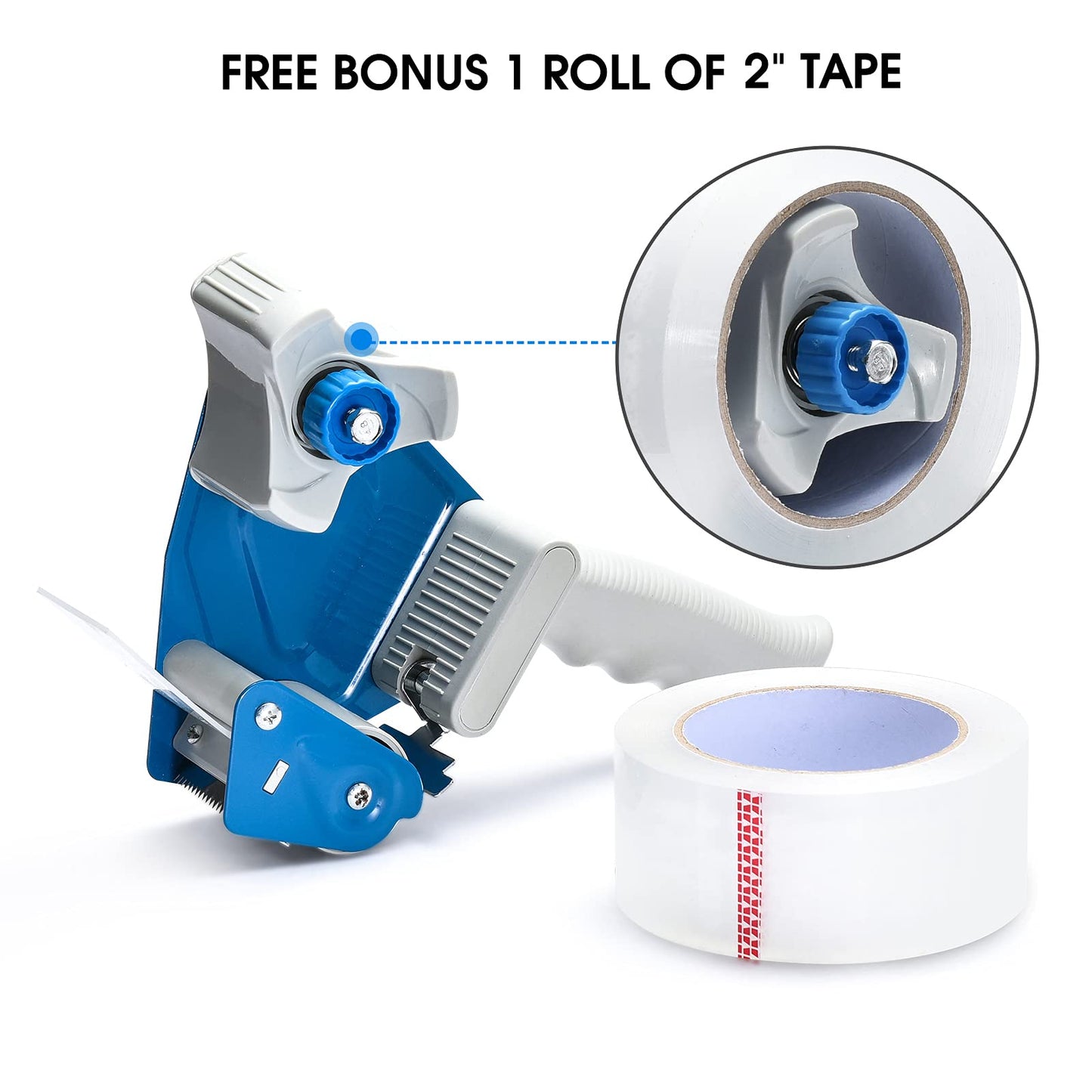 Pacific Mailer 2 Inch Tape Gun Dispenser with 2 Inch Carton Packing Tape, Lightweight Industrial Side Loading Tape Dispenser - Blue