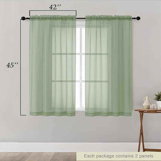 Sage Green Sheer Curtains for Bedroom Living Room 45 Inch Length 2 Panels, Soft Light Filtering Small Kitchen Window Curtains, Rod Pocket Short Curtain Drapes, Sage Green, 42" Wx45 L Inches