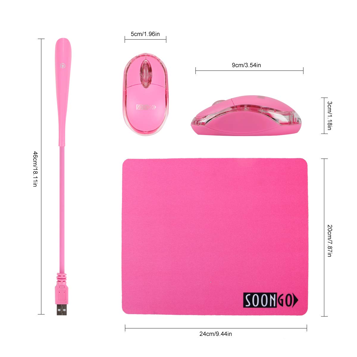 Pink Mouse and Pad USB LED Light 3 in 1 Gift Comb Kids Mouse for Laptop Home Office Travel by SOONGO