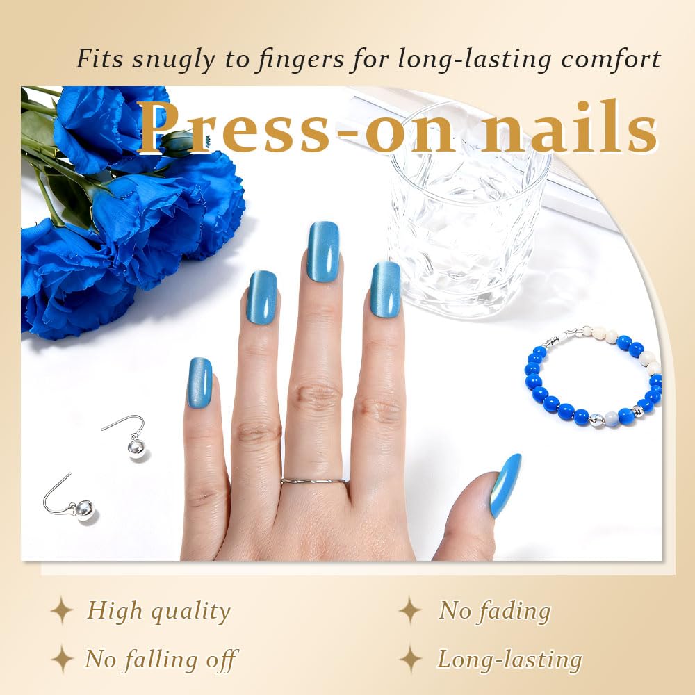 Aqua Blue Cat Eye Press on Nails Medium Square, Medium Square Press Stick on Nails Chrome for Women Gift, Aqua Blue Holographic Glitter Glossy Reusable Gel Acrylic Fake Nail with Designs Cateye Effect