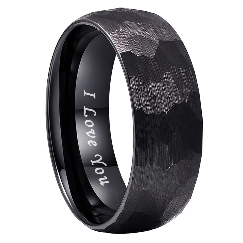 TUTISS 8mm Black Hammered Tungsten Carbide Rings for Men Women Engagement Wedding Bands Domed I Love You Engraved Comfort Fit Size 10