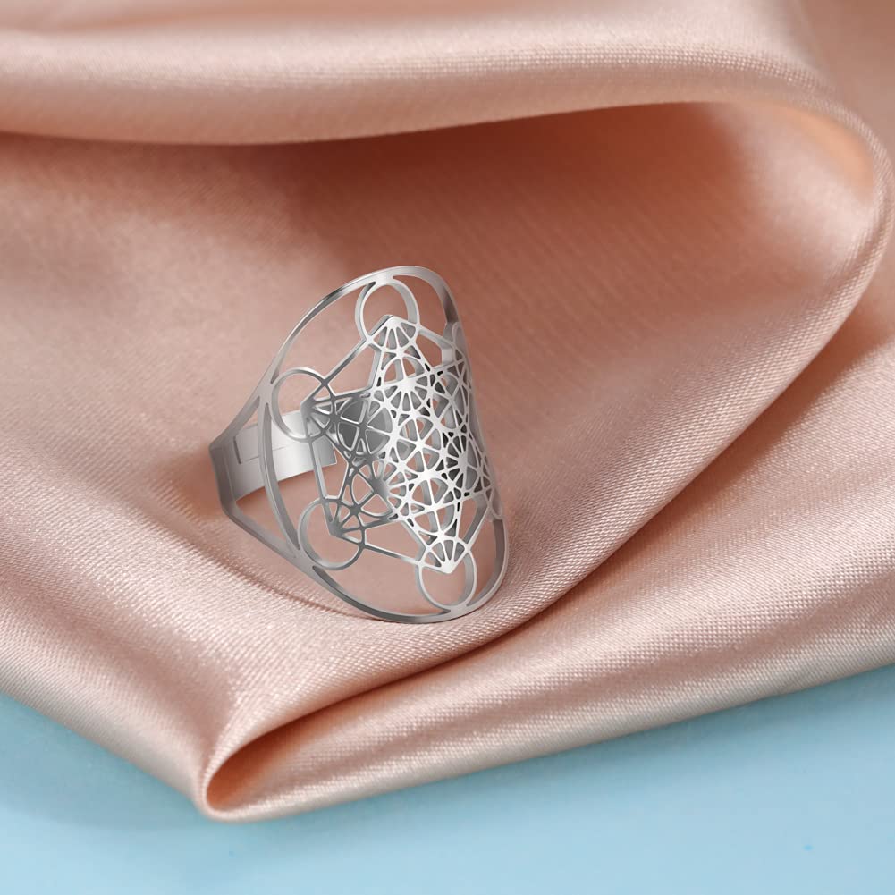 Amaxer Metatron's Cube Ring Archangel Metatron Protection Statement Hollowed Out Womens Stainless Steel Open Band Ring Jewelry