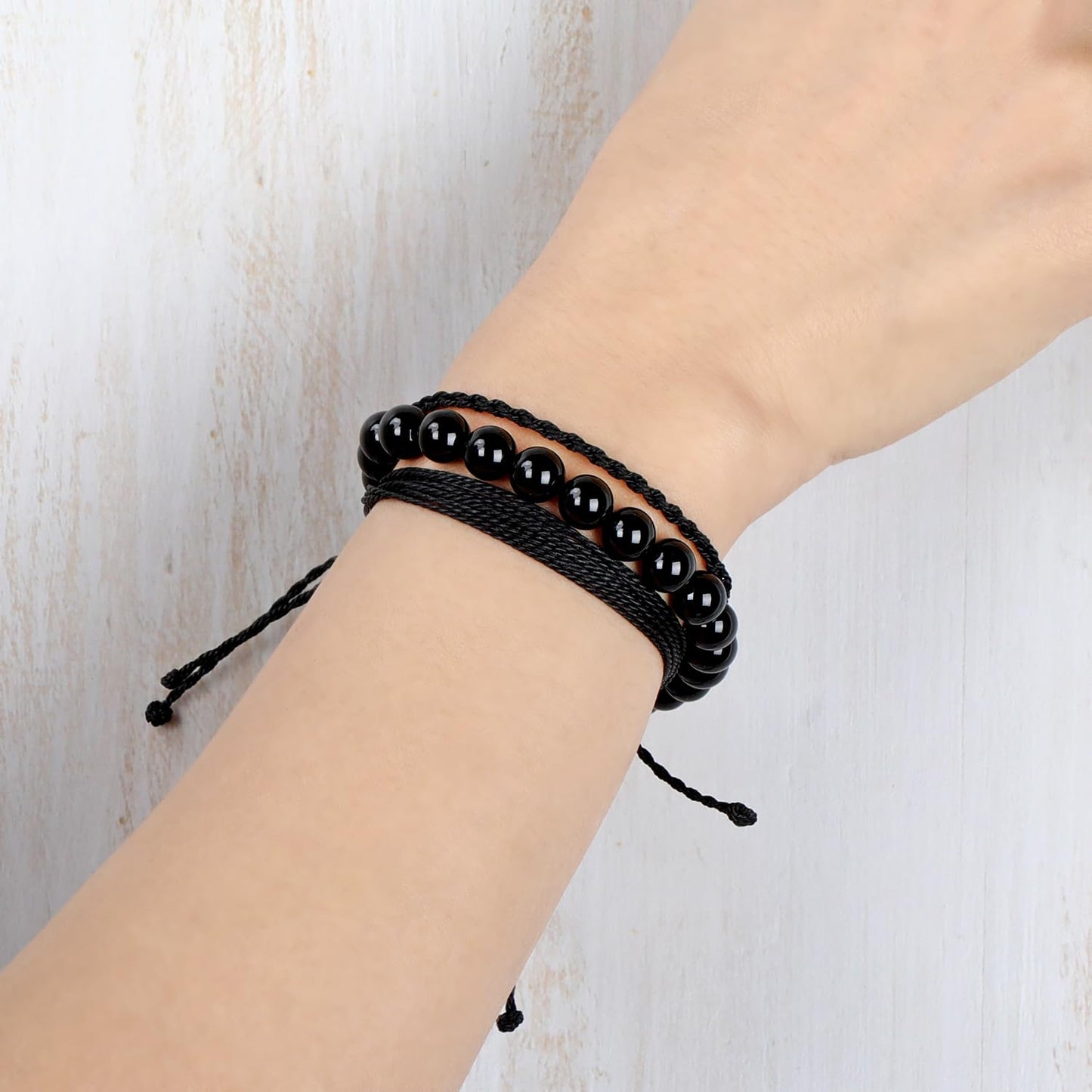 QOGIR Handmade Healing Bracelets,8mm Natural Black Onyx Gem Stone Beads Bracelet for Men Women Gifts with 2PCS Size Adjustable Rope Bracelets