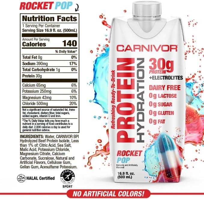 MuscleMeds Carnivor Protein Hydration RTD, Refreshing Ready to Drink, 30 g Isolate Protein, Lactose Free, Sugar Free, Electrolytes, Muscle Building, Recovery, Halal Certified, Rocket Pop, 16.9 Fl Oz
