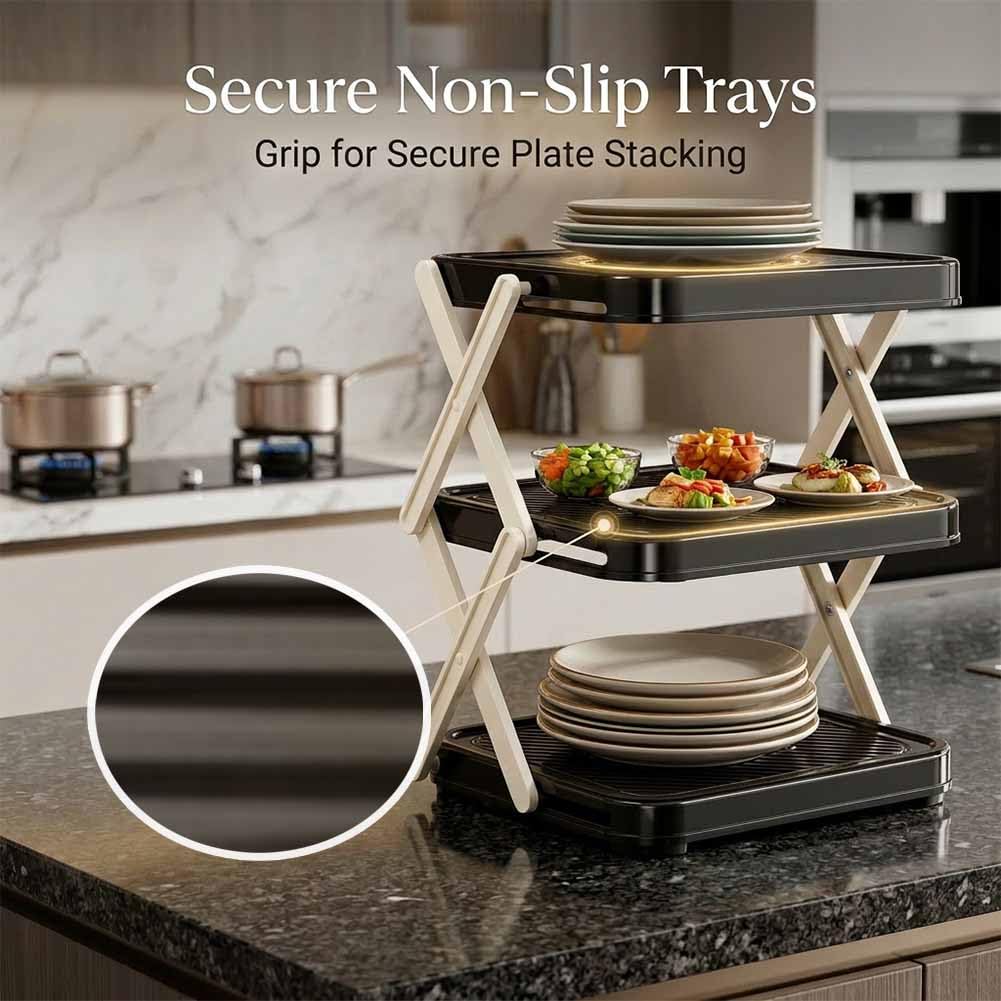 Multi-Layer Dish & Prep Tray Storage Rack, 3-Tier Foldable Food Prep Storage Rack, Easy to Store, Space-Saving, Food Prep Rack for Parties, Picnics, Kitchens & Outdoor BBQ (White*1)