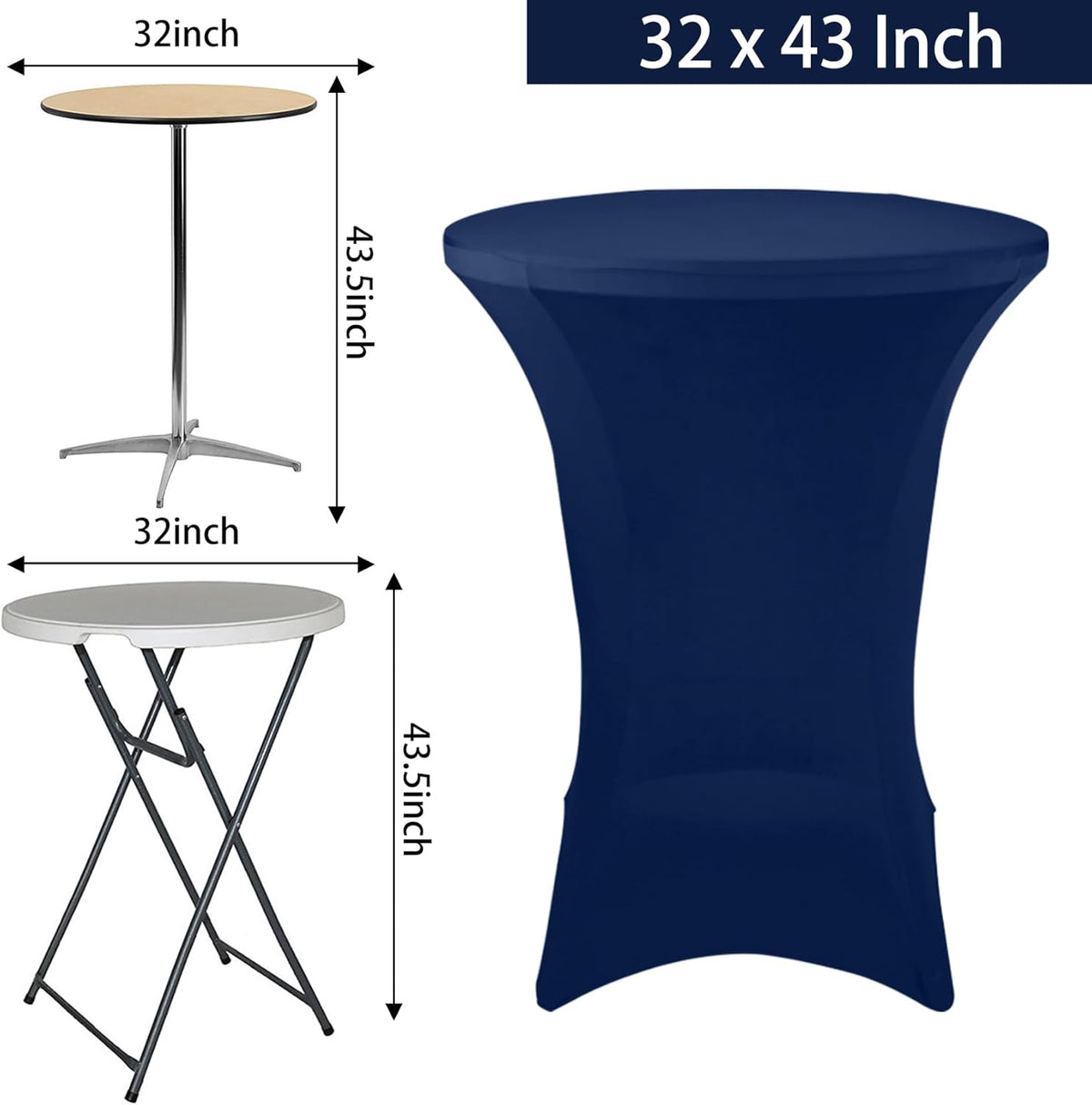 12 Pack Cocktail Spandex Tablecloth 32"x43" Cocktail Table Cover Fitted High Top Round Table for Bar Wedding Birthday Party Banquet (Navy Blue)