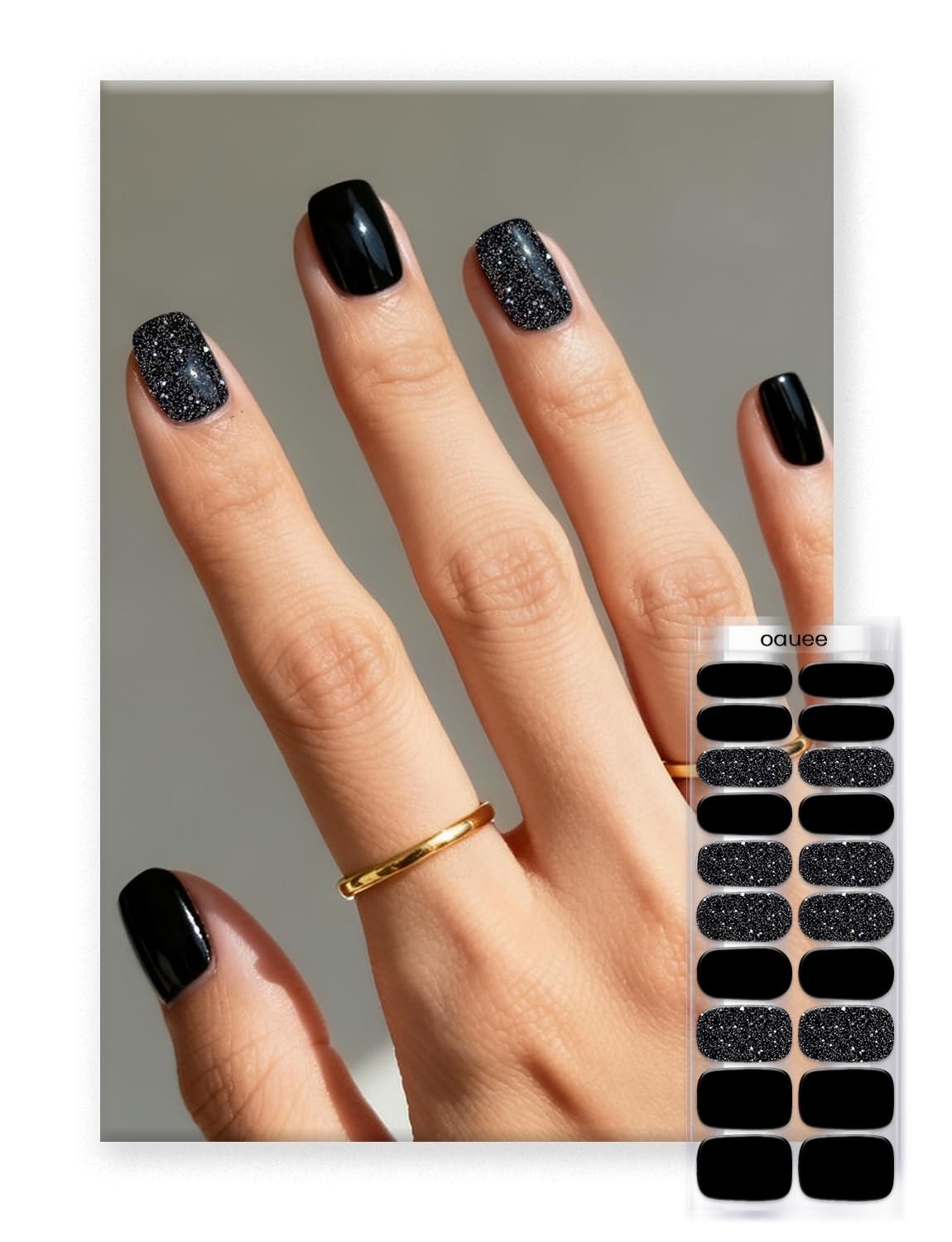 Oauee Semi Cured Gel Nail Strips | Built-In Gel Top Coat | UV Light Required | Salon Quality, Easy Application And Removal (Black Sparkle)