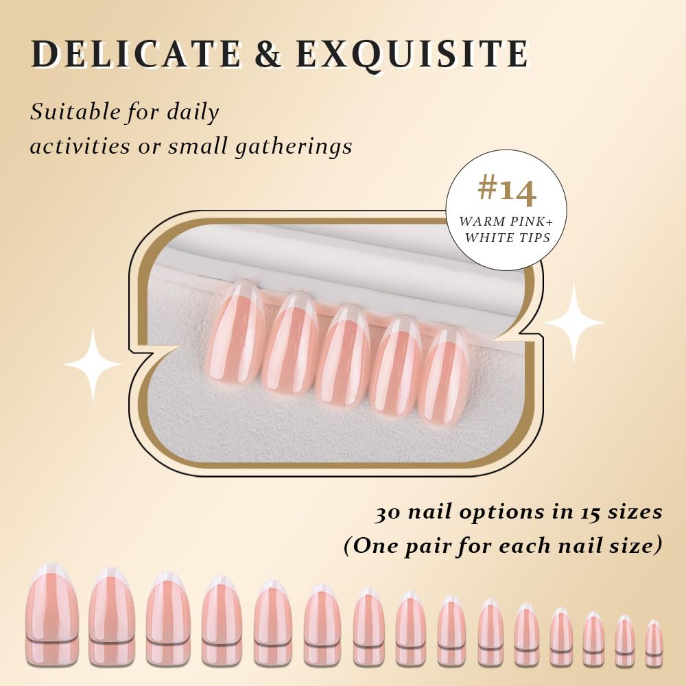 evpct French Tip Press On Nails Almond Medium, Warm Pink + Wihte Tips, Chrome Glazed Glossy Medium Almond Fake False Press on Nails, Reusable Gel Stick on nail Press ons Nail Kit, Salon Quality