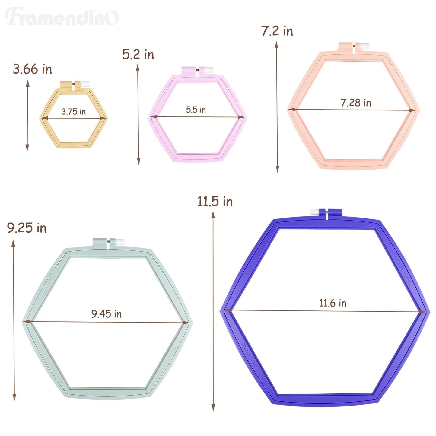 Framendino, 5 Pack Embroidery Hoop 5 Sizes Hexagonal Plastic Cross Stitch Hoops and Frames for Embroidery Craft Sewing