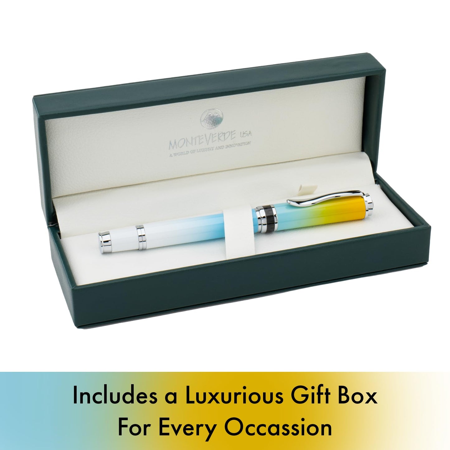 Monteverde USA Innova Ombre Fusion Bliss (Gold/Blue/White Gradient Finish) Fountain Pen - Medium Nib, Refillable, Gift Case, Luxury Pen