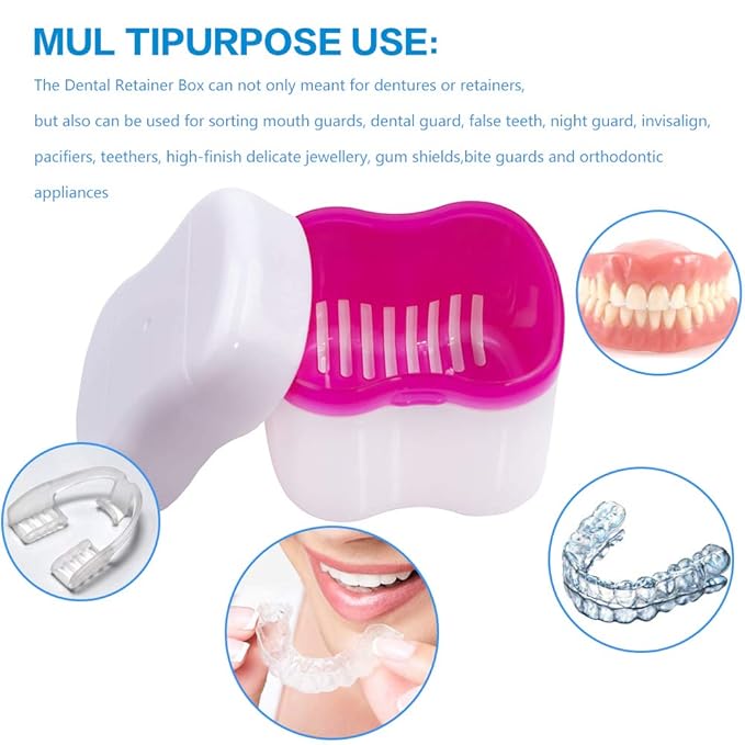 Denture Case,Denture Cups Bath, Toothbrush with hard denture, Dentures Container with Basket Denture Holder for Travel,Mouth Guard Night Gum Retainer Container (Pink)