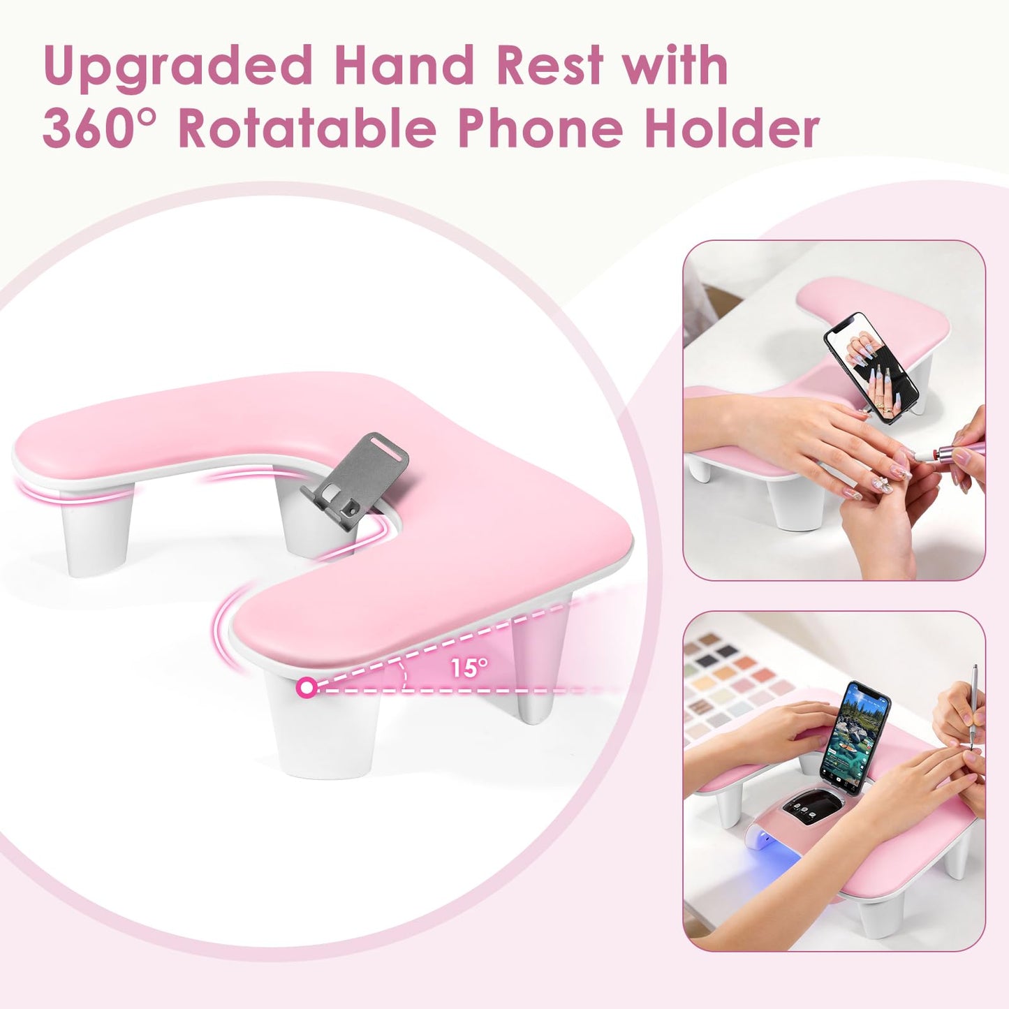 LIONVISON Arm Rest for Nails Tech: U Shaped Ergonomic Nail Hand Rest Stand PU Leather with Rotating Phone Holder for Nail Salon Manicurist (Pink)