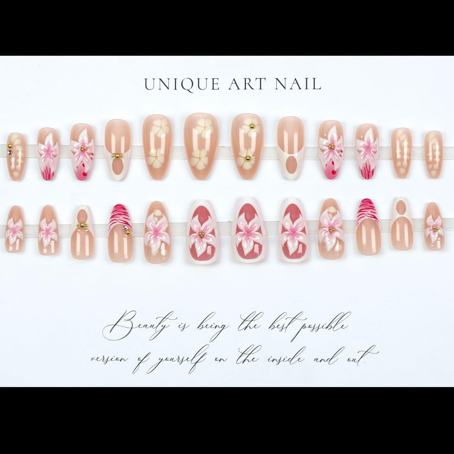 French Tip Press On Nails Almond Medium Fake Nails Glossy 3D Flower False Nails Press Ons With Gold Bead Design Stick On Nails Full Cover Reusable Glue On Nail For Women Nail Decorations