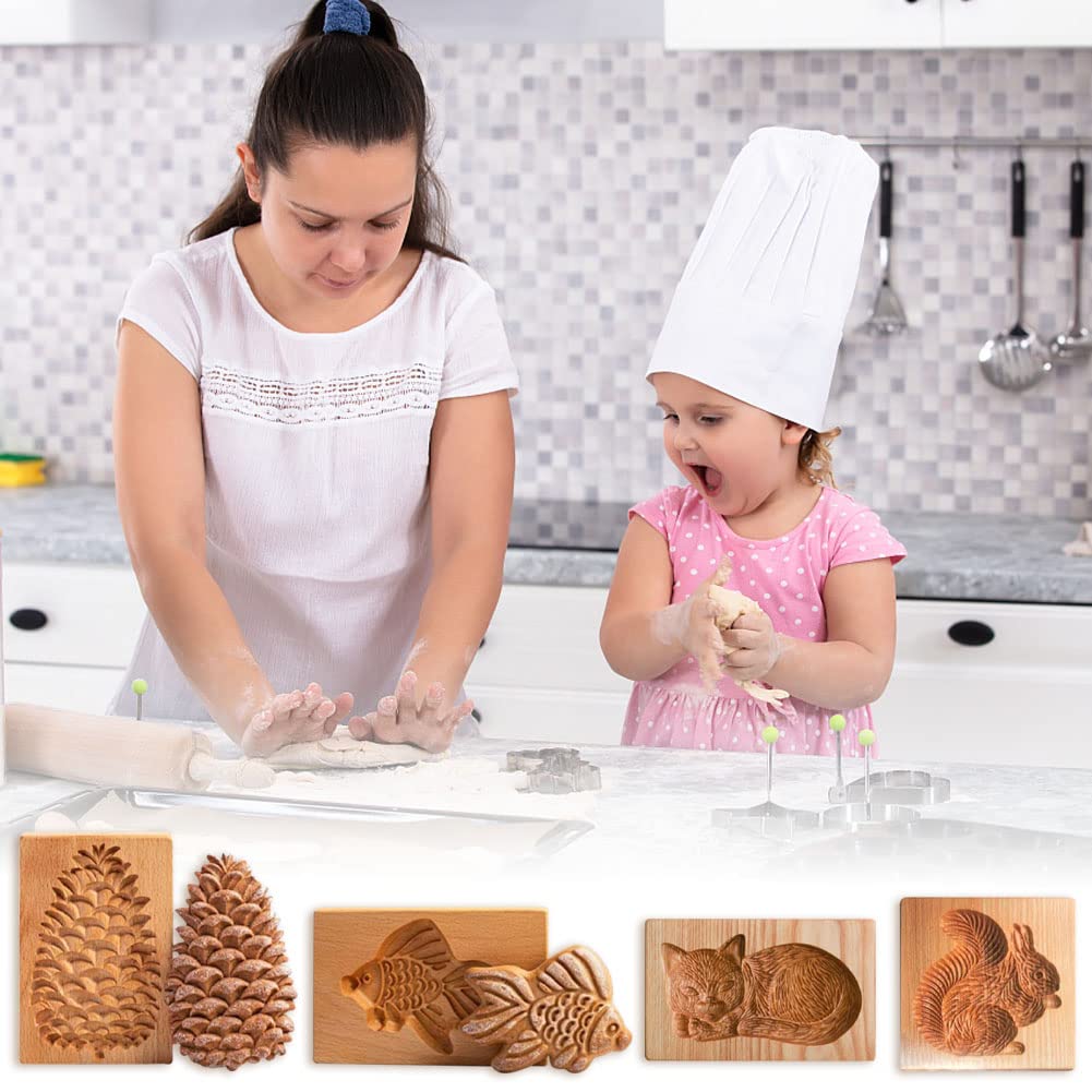 4 Pieces Wooden Cookie Molds Biscuit Carved Wooden Mould DIY Cookie Stamps Cookie Cutter Funny 3D Press Embossing Mold Animal Pattern Baking Tool