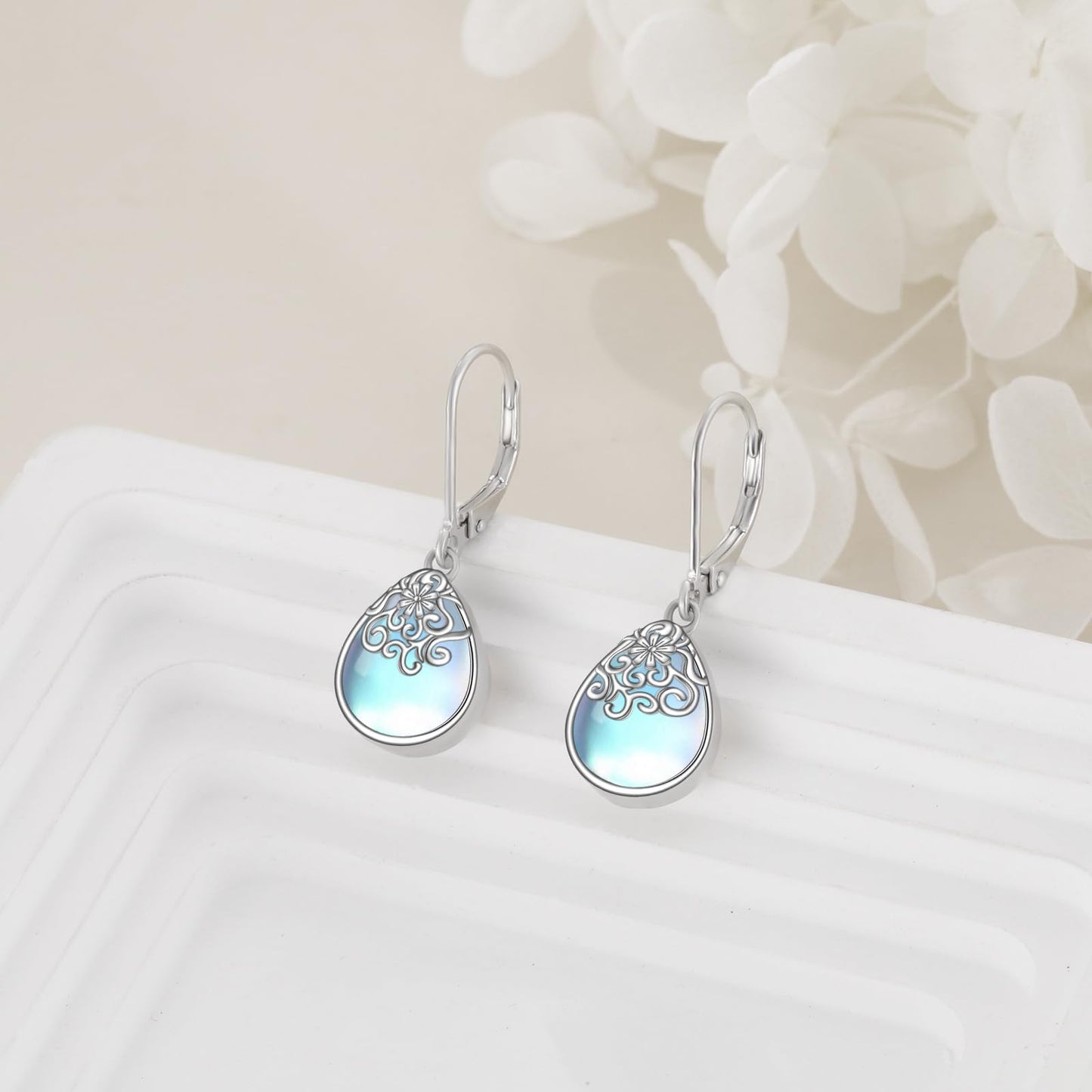 POPLYKE Moonstone Filigree Flower Teardrop Drop Dangle Earrings Sterling Silver Leverback Earrings Jewelry for Women