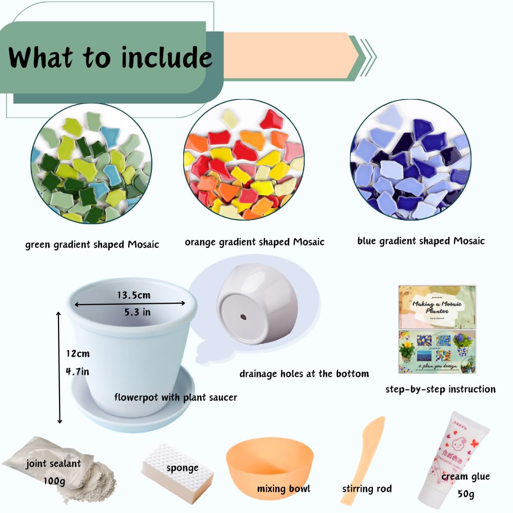 jiezaidada DIY Mosaic Planter Kit – All-in-One Ceramic Tile Craft for Beginners, Home Décor Pot with Drainage & Tray, Great for Creative Hobbies, Gifts, or Family Projects