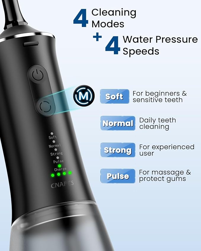 Cordless Water Dental Flosser with 4 U-Shaped Jet – Travel-Friendly, 350ML Larger Tank, 4 Modes & 4 Speeds, 360° Nozzle, Powerful Battery, Cleans Inner/Outer Teeth in One Pass