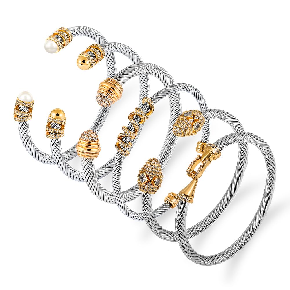 WCB1FPu Stainless Steel Cable Wire Open Cuff Adjustable Size Bangle Zircon inlaid Bracelet (3)