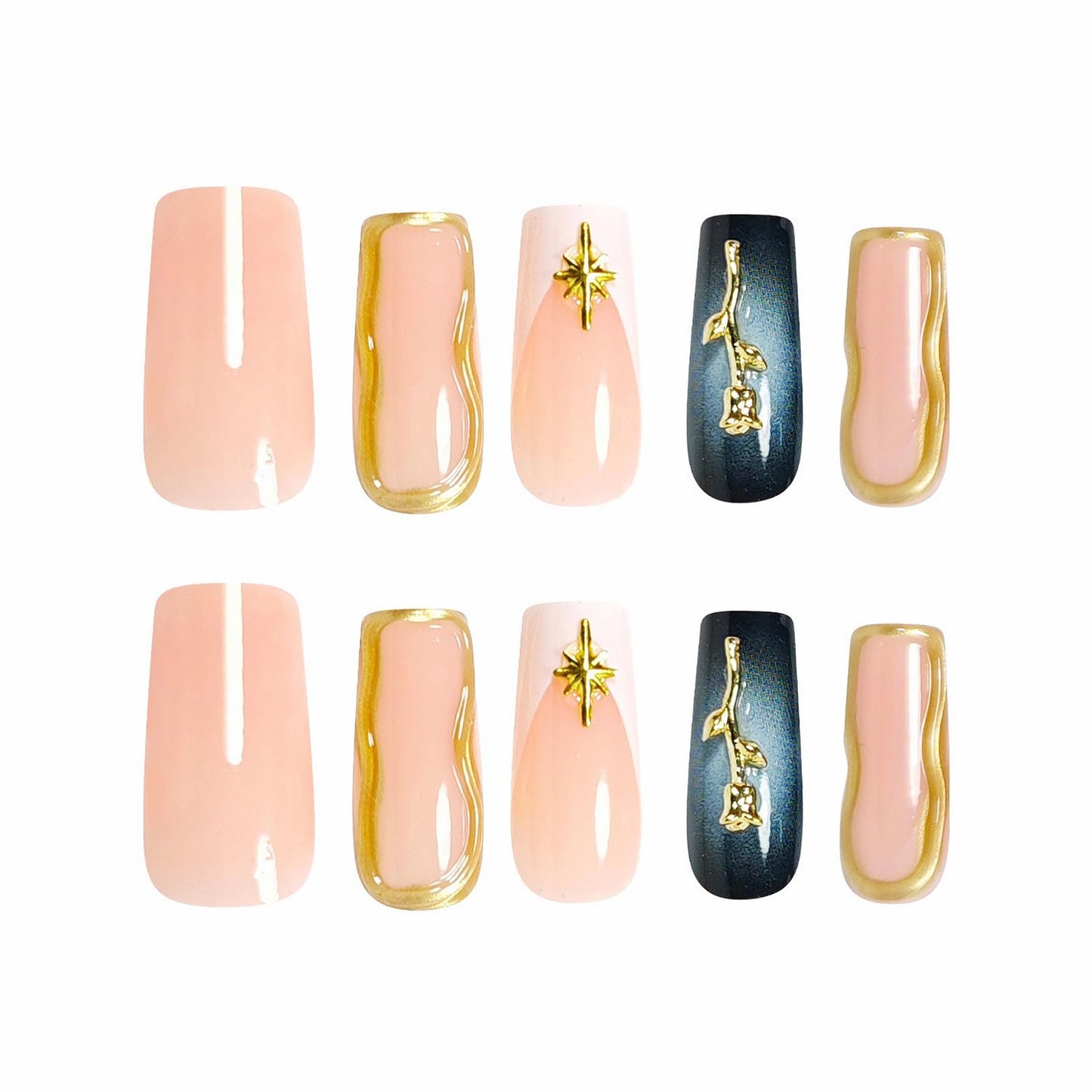 MISUD Press on Nails - Long Square Glue on Nails with White Gold Chrome, Acrylic Charms Design 24 pcs