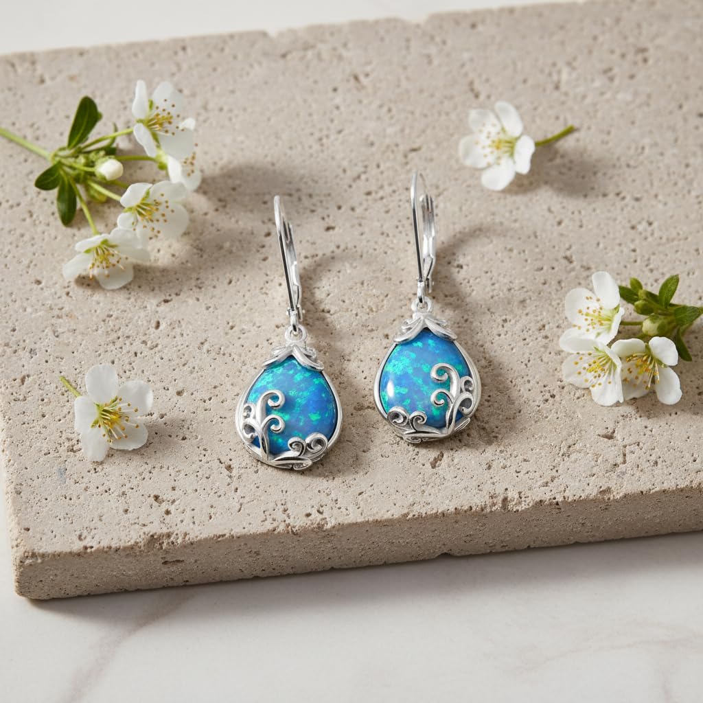 POPLYKE Blue Opal Filigree Teardrop Drop Dangle Earrings Sterling Silver Leverback Earrings Opal Jewelry Gifts for Women