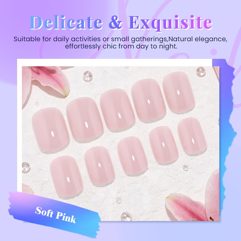 evpct Soft Pink Glossy Squoval Short Press on Nails for Women, Pink Extra Short Squoval No Glue Stick on Nails with Kit, Reusable Full Cover Soft Press on Acrylic Fake Nail Salon-quality Perfectly Fit
